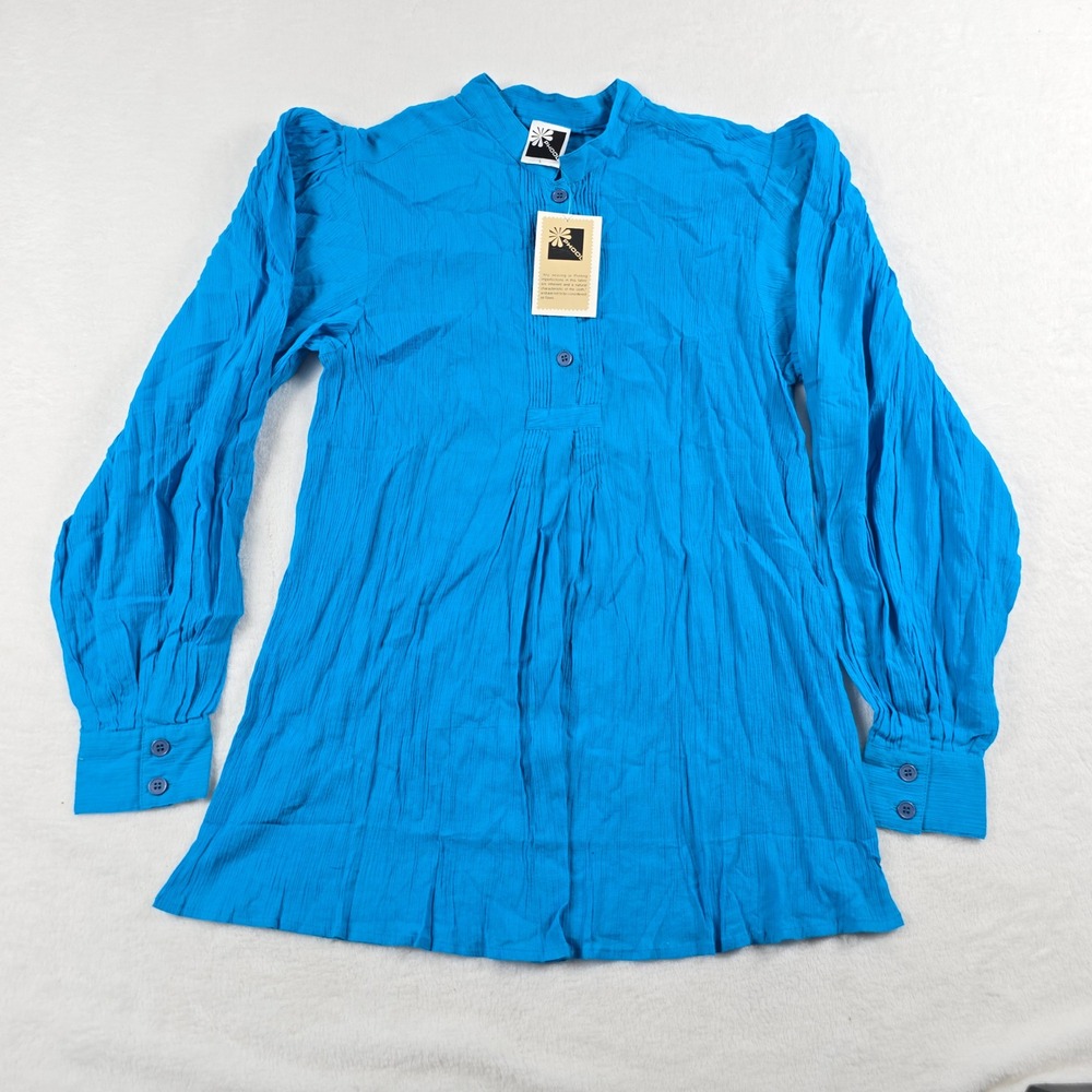 Phool Women Blue Crinkle Cotton Gauze Pintuck Blouse Puff Sleeve NWT Size L